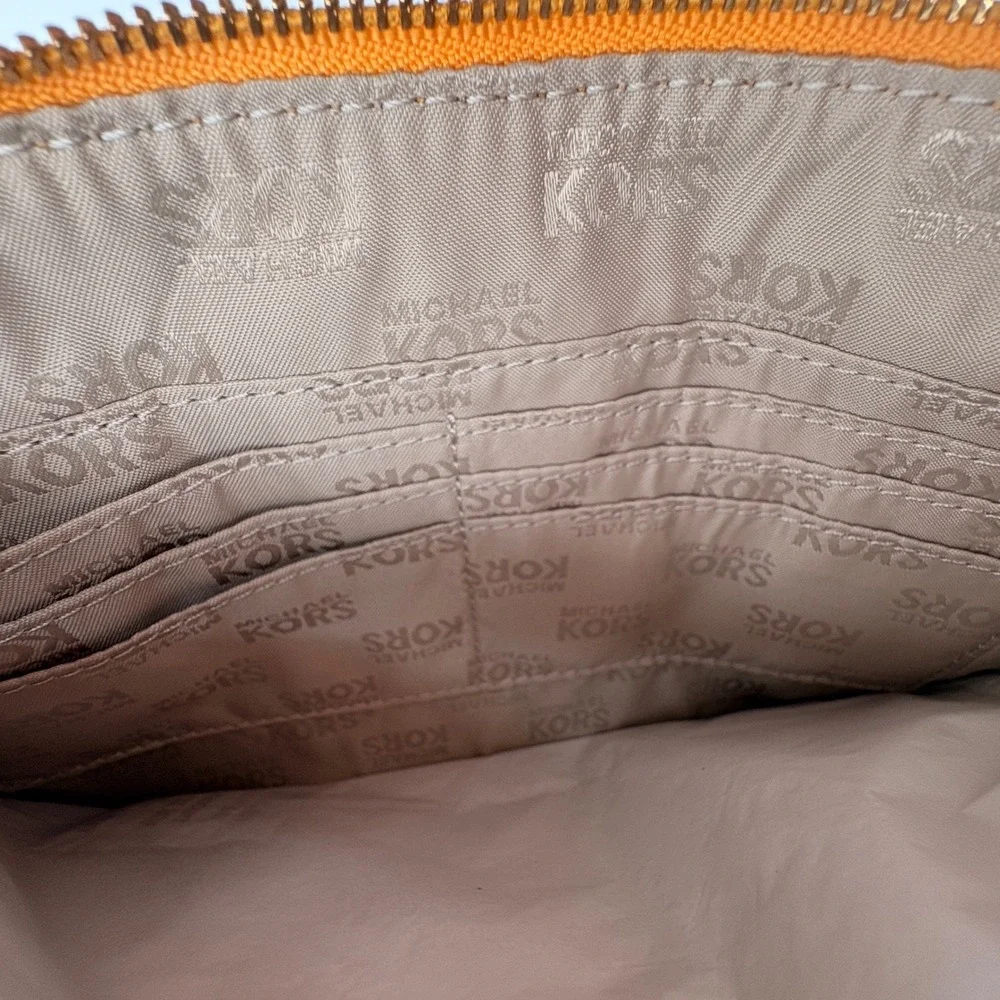 Michael Kors Fulton Orange Pebbled Leather Wristlet Gold MK Logo Zip Clutch‎